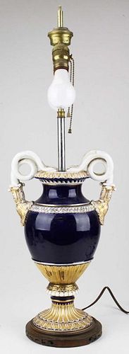 Meissen cobalt blue and gilt porcelain urn form vase with scrolled snake handles converted to table lamp -vase 15" x 9"