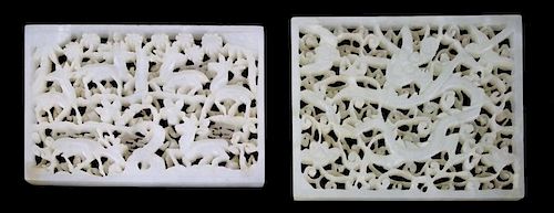 two early 20th c Chinese white jade reticulated carved pendants, 1 3/4” x 2 1/2”, 2” x 2.5”