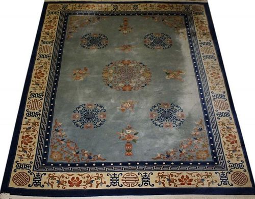 late 20th c Chinese main carpet, sculpted blue & white design, 8' 3” x 11' 7”