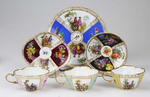 approx 44 pcs 19th c. Meissen and 20th c. Dresden Meissen style scenic handpainted cups, saucers, and side plates, some with