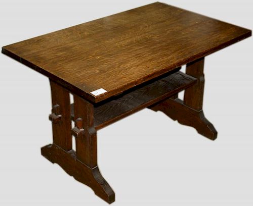 Stickley oak Arts and Crafts library table mortise and tennon construction 48 x 30' Good surface but old refinish missing cla
