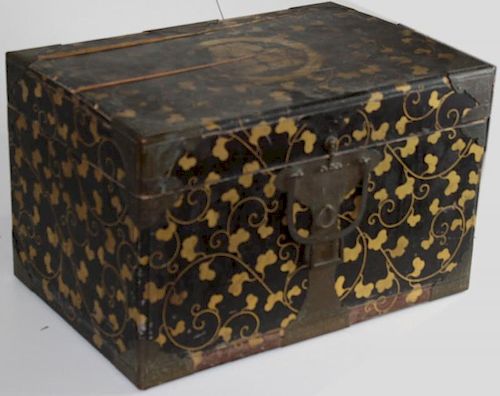 Japanese Edo Period valuables box with gilt laquered decoration and large Tokugawa Mon on lid, as found, some damage and loss