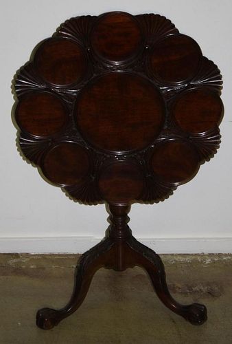 Chippendale style carved mahogany tilt top oyster plate table. Diameter 27¼".
