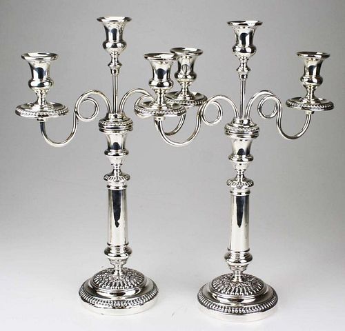 pair of early 19thc. Charles Balaine Paris .  Silver plated triple arm neo-classical two part candelabra 17" x 12"
