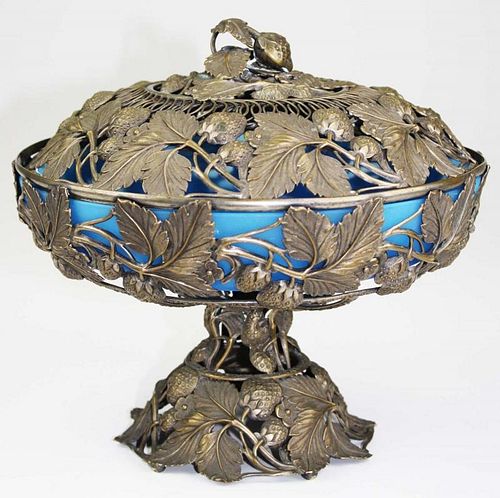 ornate open filagree strawberry motif silver plated covered compote with frosted blown blue glass insert 9" x 9"