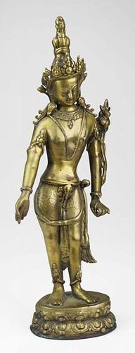 early to mid 20th c Cambodian brass bodhisattva, copper base with marked base, ht 17.5”