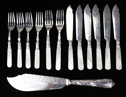 ornate silverplated fish slice and 12 mother of pearl handled forks and knives 12", 8", 6"
