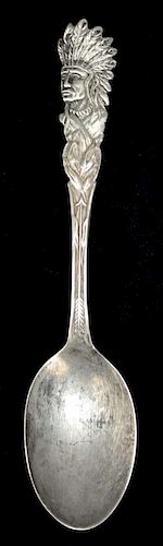 Fessenden & Company (Providence, Rhode Island) teaspoon with Native American bust and corn. Hallmarked F sterling 925 1000 Co