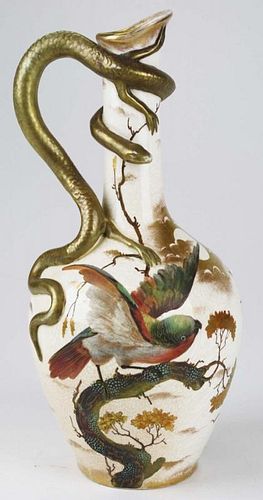 Royal Bonn Franz Anton Mehlem late 19th c. European Orientalist Satsuma style porcelain ewer with figural serpent handle