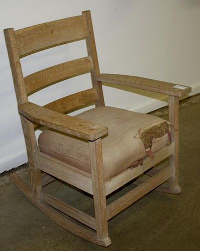 Oak arts and crafts rocker as found, stripped finish.