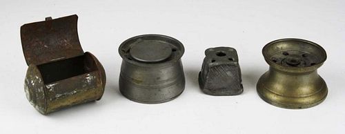 early 19th c pewter ink wells, tin match safe (4 pcs)