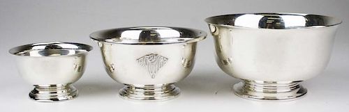 Three Paul Revere type sterling silver footed bowls by various makers  14.7 troy oz. 3", 5", 6"