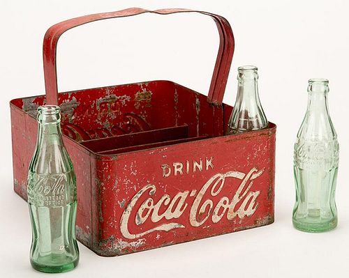 Coca-Cola Bottle Carrier and Three Green Glass Bottles.
