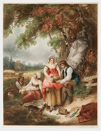 Larger Color Engraving of Pastoral Picnicking Scene