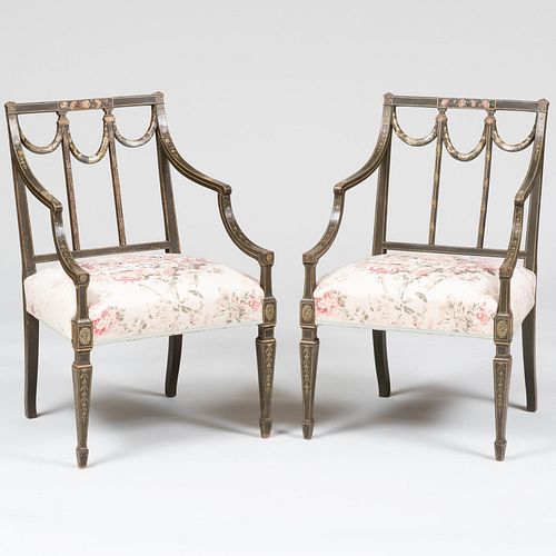 Pair of Late George III Painted Floral Linen Upholstered Armchairs
