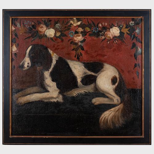 European School: Seated Dog with a Flower Garland Above
