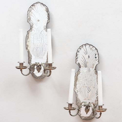 Pair of Etched Mirrored and Metal Two-Light Sconces, Possibly Scandinavian