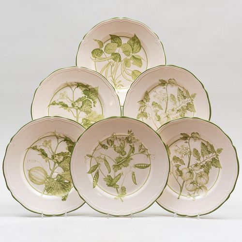 Set of Eleven Colfax and Fowler Faience Style Dinner Plates Decorated with Vegetables