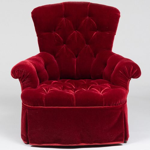 Victorian Style Red Velvet Tufted Upholstered Arm Chair 