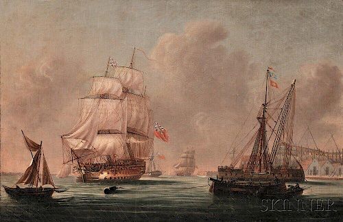 School of Thomas Whitcombe (British, 1763-1824)      War Ship at Port (Possibly Southampton)
