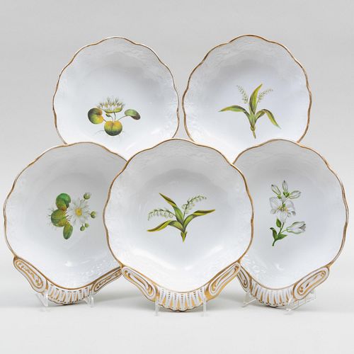 Set of Five Spode Porcelain Botanical Shell Shaped Dishes