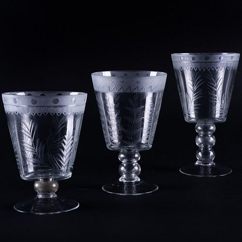 Three Large Etched Glass Goblets