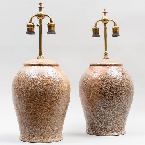 Near Pair of Salt Glazed Earthenware Jars and Covers Mounted as Lamps