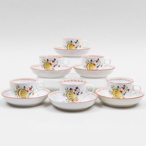 Set of Six English Porcelain Teacups and Saucers with a Shell Decoration