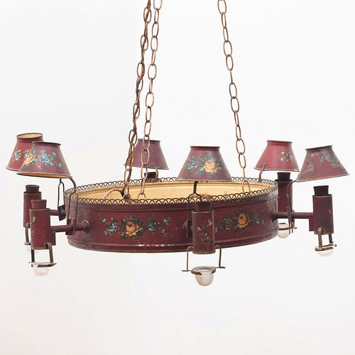 French Red Painted TÃ´le Six-Light Chandelier
