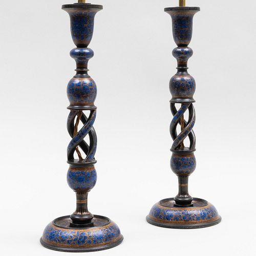 Pair of Indian Blue Painted and Parcel-Gilt Candlesticks Mounted as Lamps