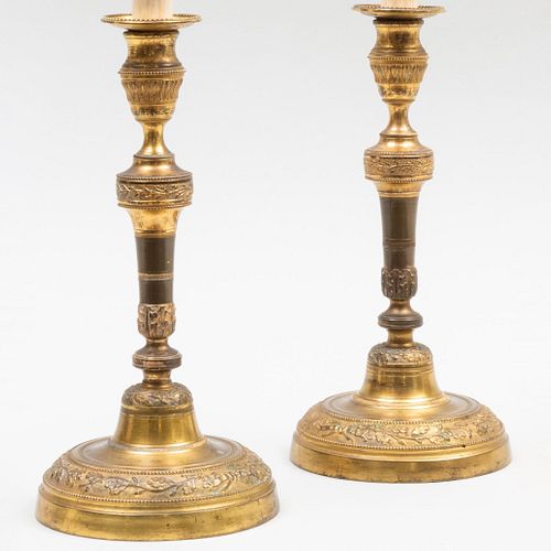 Pair of Restoration Style Gilt-Metal Candlesticks Mounted as Lamps