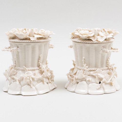 Pair of Continental Porcelain Potpourri Vases and Covers in the Form of a Basket and Flowers