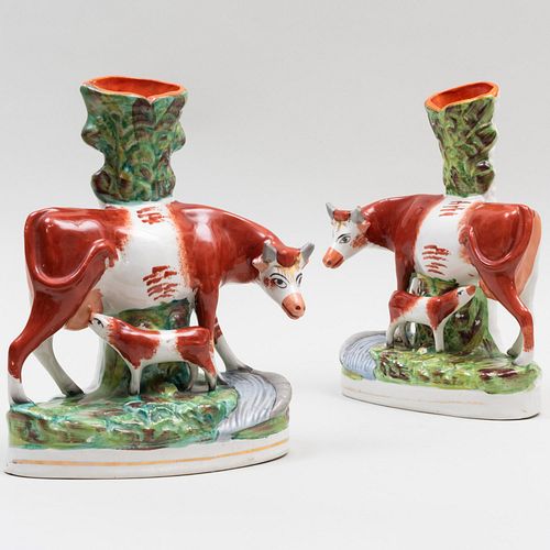 Pair of Staffordshire Cow Group Spill Vases
