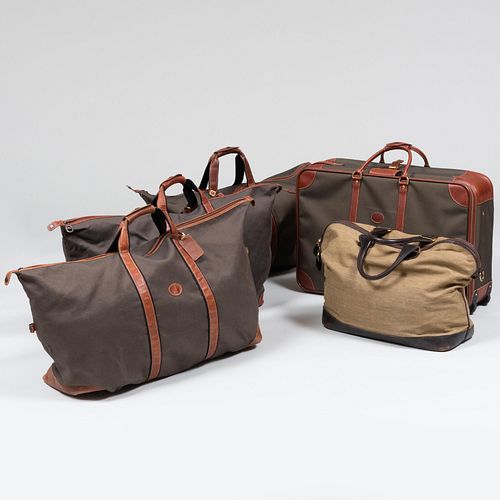 Suite of French Canvas and Leather Luggage, Longchamp