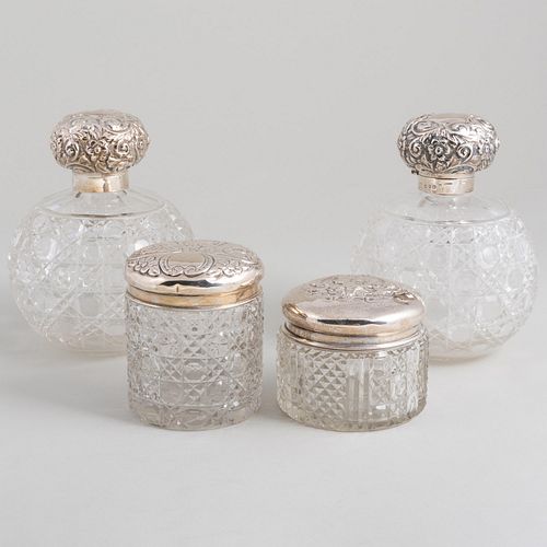 Group of English Silver Mounted Cut Glass Toilette Articles