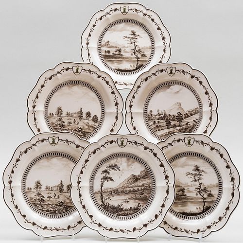 Set of Ten Bicentenary Wedgwood Queen's Ware Plates Decorated En Grisaille from the 'Frog' Service