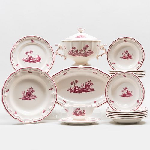 Gein Puce Decorated Porcelain Dinner Service in the 'Paysages Roses' Pattern