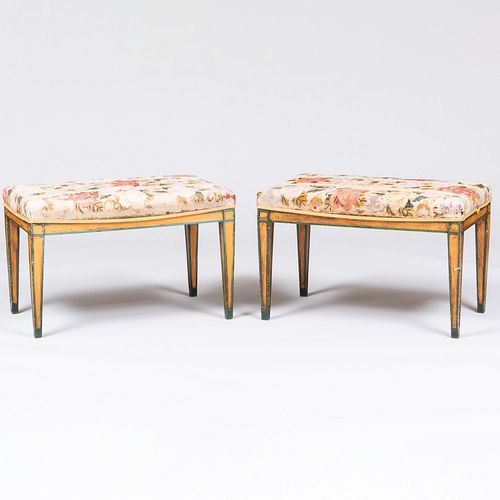 Pair of Continental Grain Painted Needlework Upholstered Stools