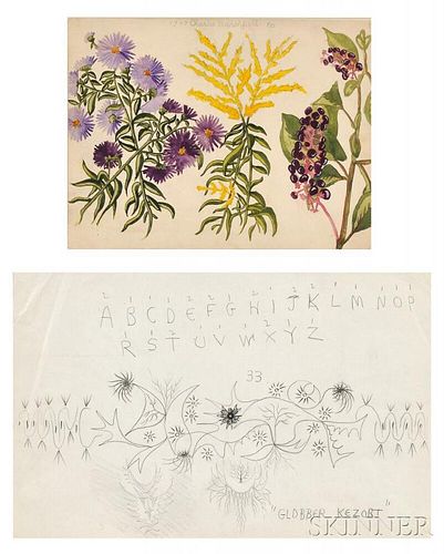 Charles Ephraim Burchfield (American, 1893-1967), Four Early Works on Paper: Wildflowers, Study of Tree Sprigs, Calligraphy Exercise, a