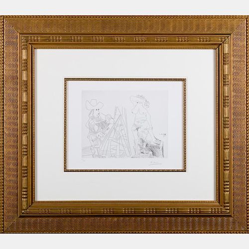 Pablo Picasso (1881-1973) Peintre et Modele qui se Cache le Visage, Etching on wove BFK Rives paper,