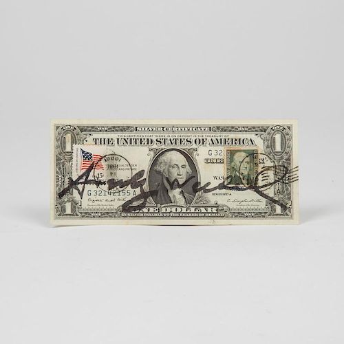 Andy Warhol (1928-1987) One Dollar, US-American one dollar bill with two canceled stamps,