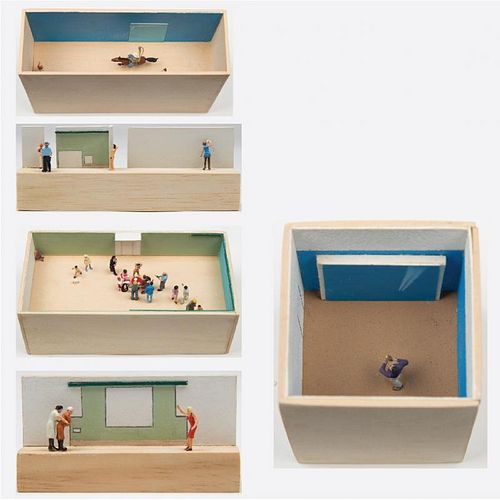 William Radawec (1952-2011) Five Dioramas from 'A Study' Series, Wood, acrylic and HO figures,