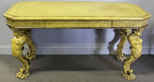 Signed Painted 1 Drawer Table With Figural Legs.