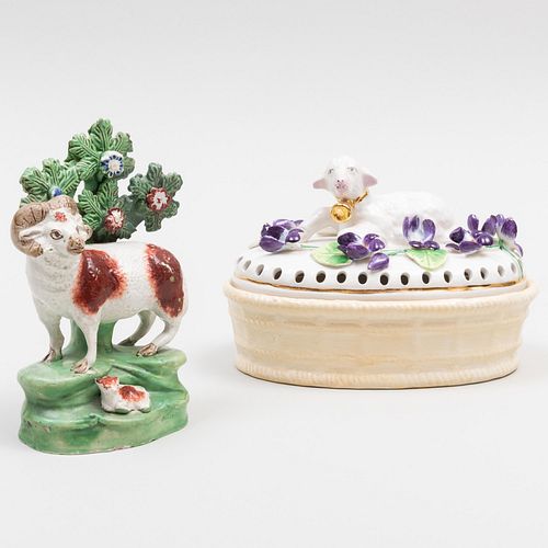 Staffordshire Model of a Ram and a Mottahedeh Lamb Form Potpourri Box and Cover