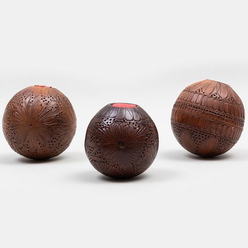 Group of Three Wood Perfume Spheres together and a Bone Veneered Sphere