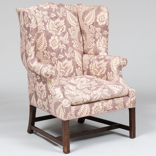 George III Style Mahogany Mauve Floral Linen Upholstered Wing Armchair