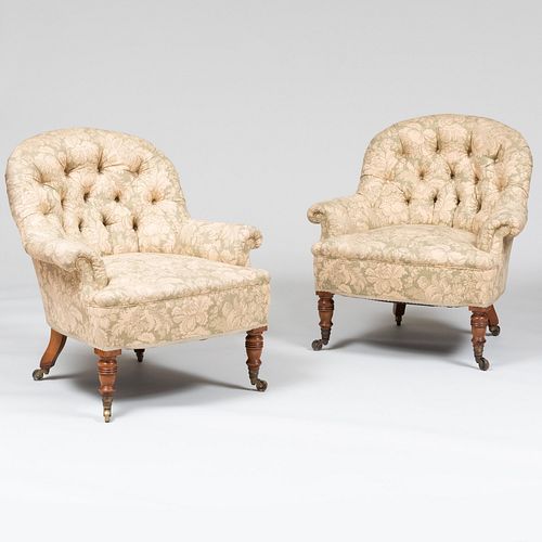 Pair of Victorian Style Tufted Green and Cream Floral Upholstered Chairs