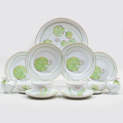 Hermes Porcelain Transfer Printed Part Dessert Service Decorated with Water Lilies 
