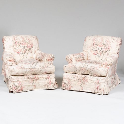Pair of Pink Floral Linen Upholstered Club Chairs