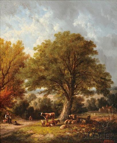 Edmund Aylburton Willis (American, 1808-1899)      Landscape with Grazing Cattle Under a Tree